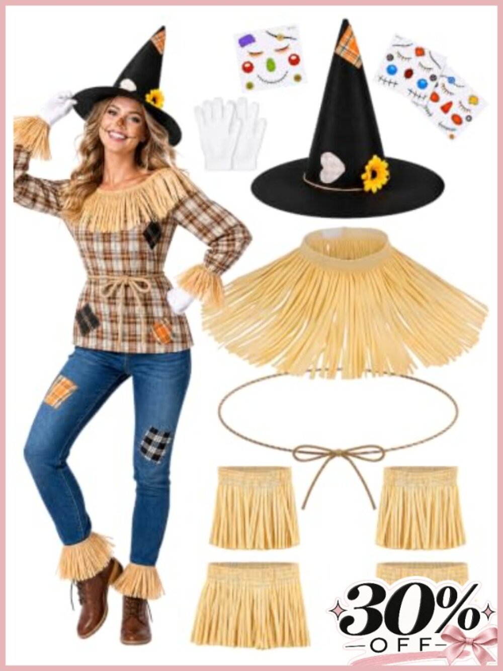Scarecrow Costume Accessories Set With Hat Cape Cuffs Leg Warmers